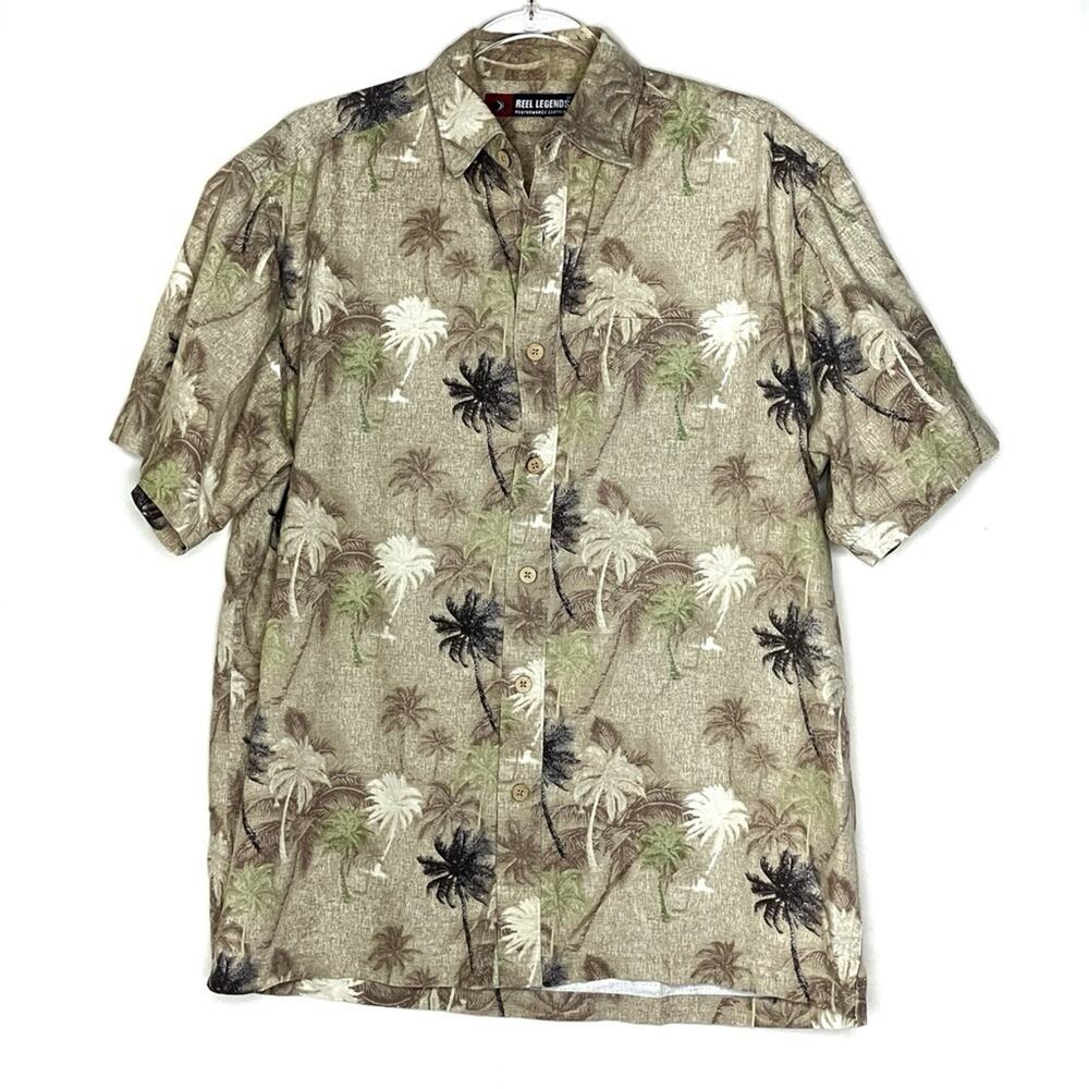 Reel Legends Men's Tan Palm Tree Tropical Short Sleeve Button Shirt Medium
